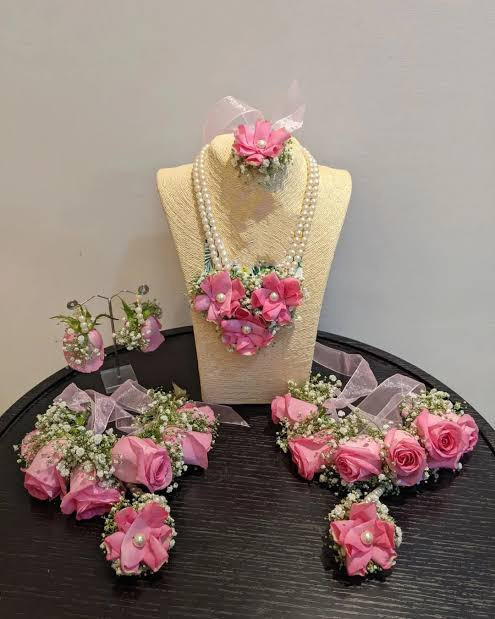 Premium Pink Rose & Pearl Floral Jewellery Set